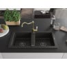 Mexen Mario Granitspüle 2-Kammer mit Küchenarmatur Carla, Schwarz/Gold Metallic - 6504-75-670700-50-B