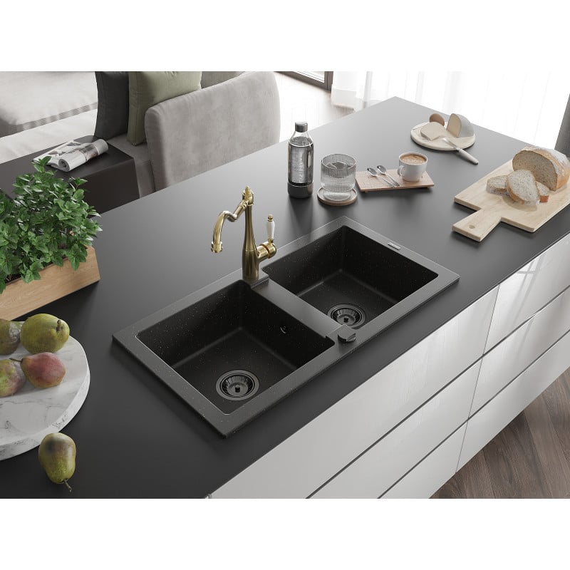 Mexen Mario Granitspüle 2-Kammer mit Küchenarmatur Carla, Schwarz/Gold Metallic - 6504-75-670700-50-B