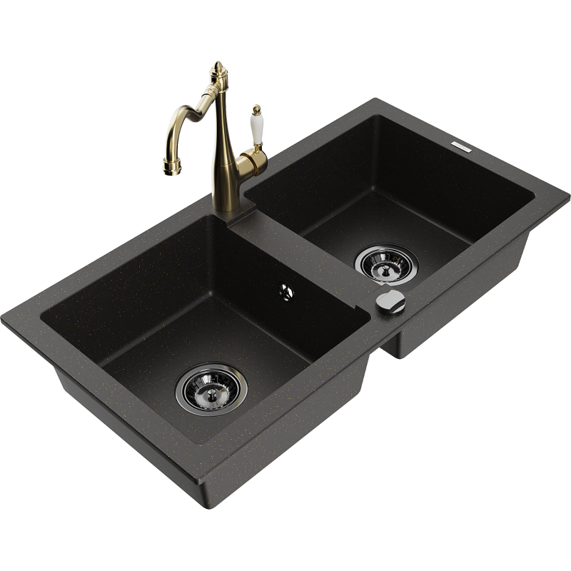 Mexen Mario Granitspüle 2-Becken mit Küchenarmatur Carla, schwarz/gold Metallic - 6504-75-670700-50-B