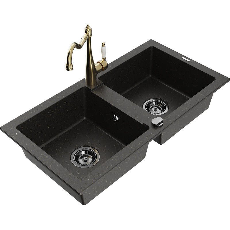 Mexen Mario Granitspüle 2-Kammer mit Küchenarmatur Carla, Schwarz/Gold Metallic - 6504-75-670700-50-B