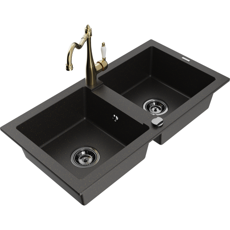 Mexen Mario Granitspüle 2-Becken mit Küchenarmatur Carla, schwarz/gold Metallic - 6504-75-670700-50-B