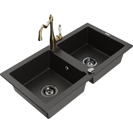 Mexen Mario Granitspüle 2-Kammer mit Küchenarmatur Carla, Schwarz/Gold Metallic - 6504-75-670700-50-B