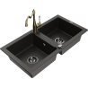 Mexen Mario Granitspüle 2-Becken mit Küchenarmatur Carla, schwarz/gold Metallic - 6504-75-670700-50-B