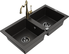 Mexen Mario Granitspüle 2-Kammer mit Küchenarmatur Carla, Schwarz/Gold Metallic - 6504-75-670700-50-B