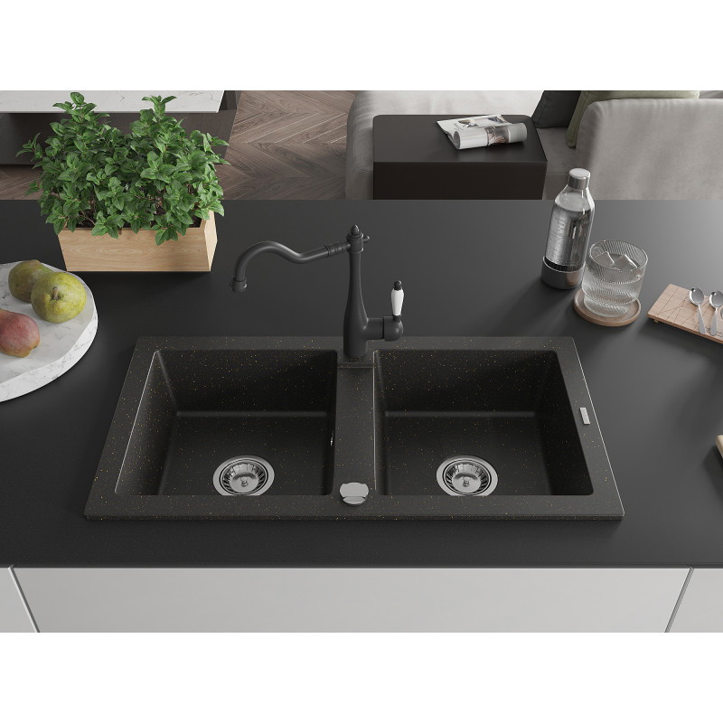 Mexen Mario Granitspüle mit 2 Becken und Küchenarmatur Carla, schwarz/gold metallic - 6504-75-670700-70