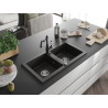 Mexen Mario Granitspüle mit 2 Becken und Küchenarmatur Carla, schwarz/gold metallic - 6504-75-670700-70