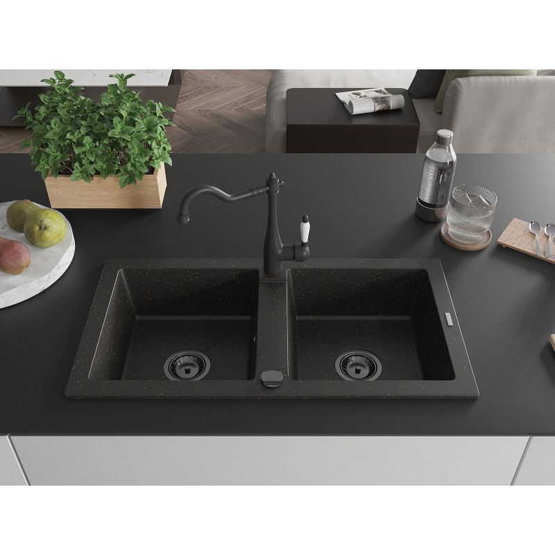 Mexen Mario Granit-Spüle 2-Kammer mit Küchenarmatur Carla, schwarz/goldener Metallic-Look - 6504-75-670700-70-B