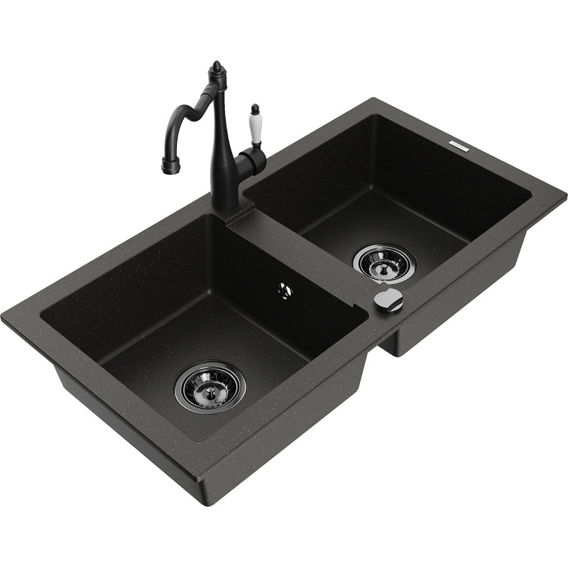 Mexen Mario Granit-Spüle 2-Kammer mit Küchenarmatur Carla, schwarz/goldener Metallic-Look - 6504-75-670700-70-B