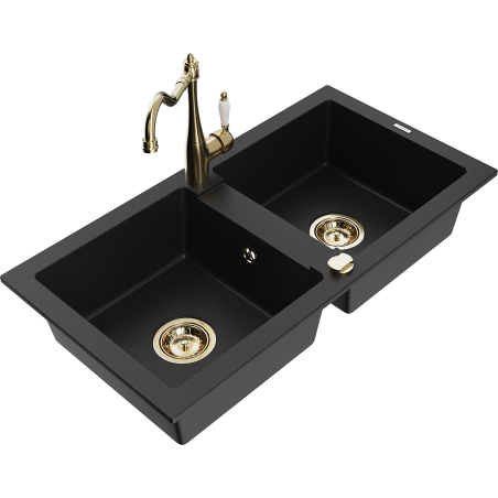 Mexen Mario Granitspüle 2-kammern mit Küchenarmatur Carla, Schwarz - 6504-77-670700-50
