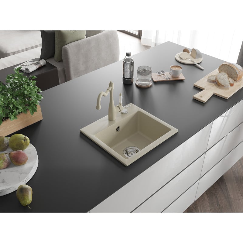 Mexen Milo granit Spülbecken 1-Kammer mit Küchenarmatur Carla, beige - 6505-69-670700-69