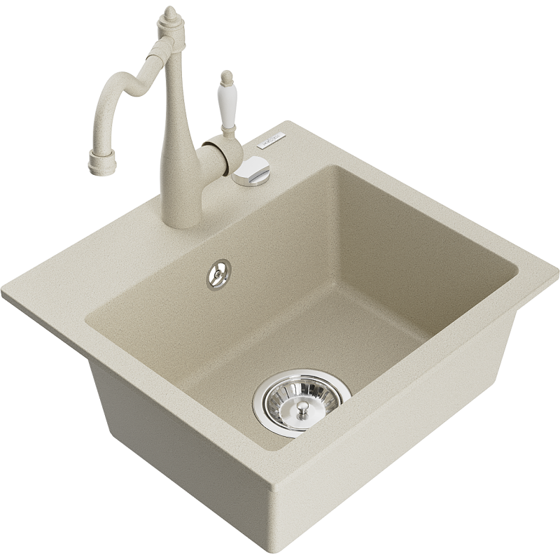 Mexen Milo granit Spülbecken 1-Kammer mit Küchenarmatur Carla, beige - 6505-69-670700-69
