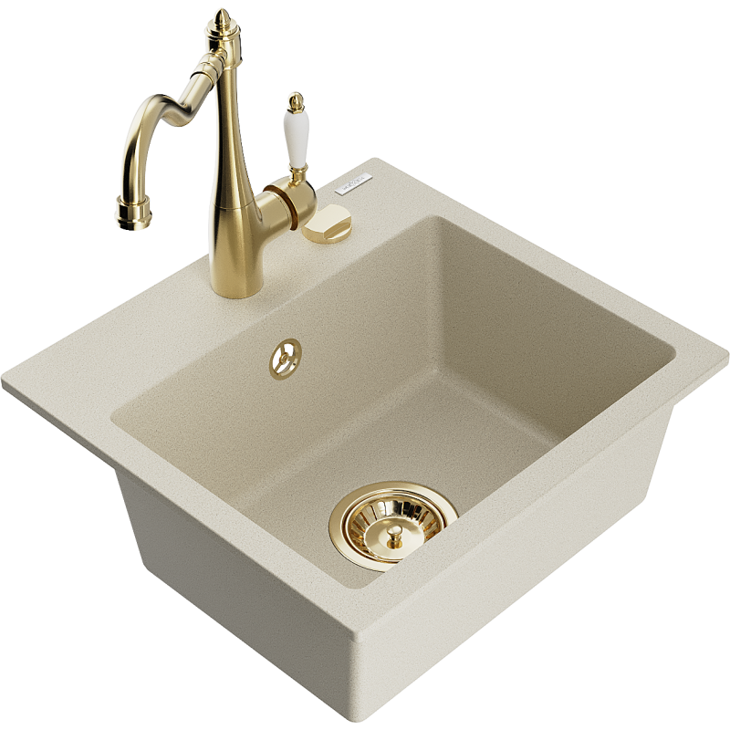Mexen Milo Granitspüle 1-Kammer mit Küchenarmatur Carla, beige - 6505-69-670700-50