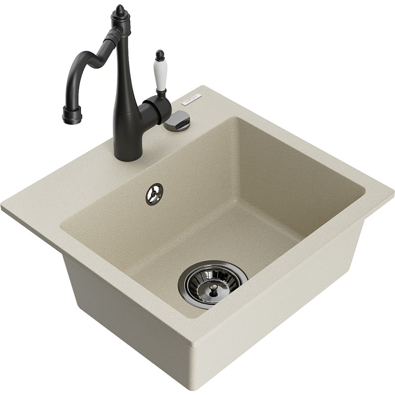 Mexen Milo Granitspüle mit einer Kammer und Küchenarmatur Carla, beige - 6505-69-670700-70