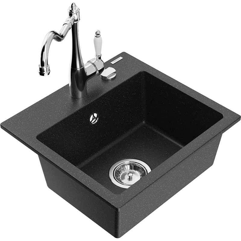 Mexen Milo Granitspüle 1-Becken mit Küchenarmatur Carla, schwarz/silber metallic - 6505-73-670700-00