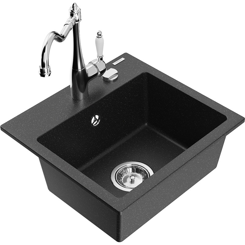 Mexen Milo Granitspüle 1-fach mit Küchenarmatur Carla, schwarz/silberner Metallic-Look - 6505-73-670700-00