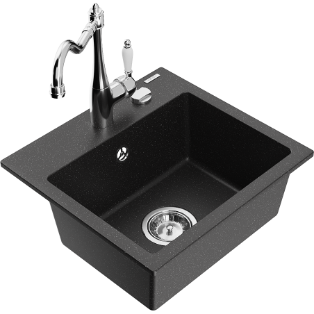 Mexen Milo Granitspüle 1-Becken mit Küchenarmatur Carla, schwarz/silber metallic - 6505-73-670700-00