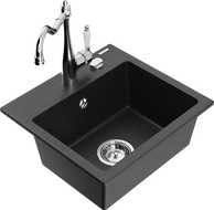 Mexen Milo Granitspüle 1-Becken mit Küchenarmatur Carla, schwarz/silber metallic - 6505-73-670700-00