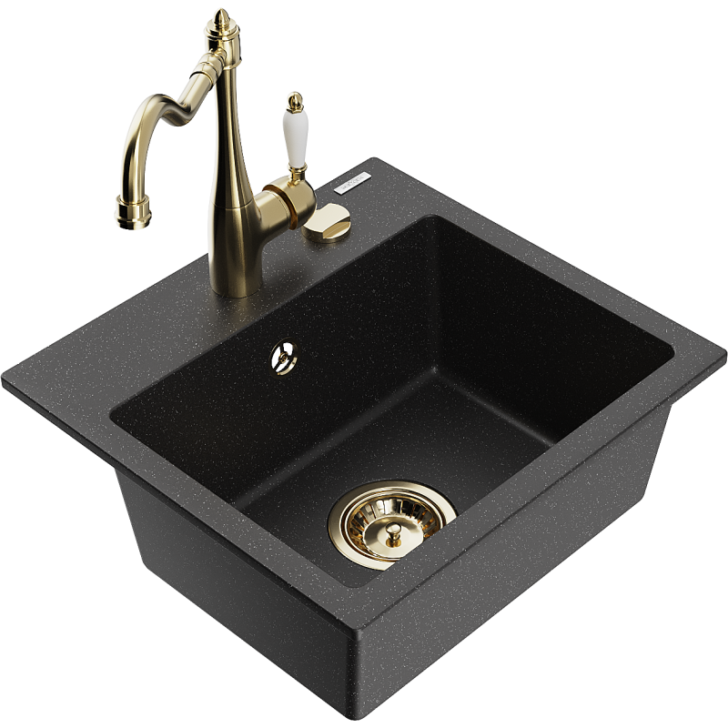 Mexen Milo Granitspüle 1-Becken mit Küchenarmatur Carla, schwarz/silber Metallic - 6505-73-670700-50