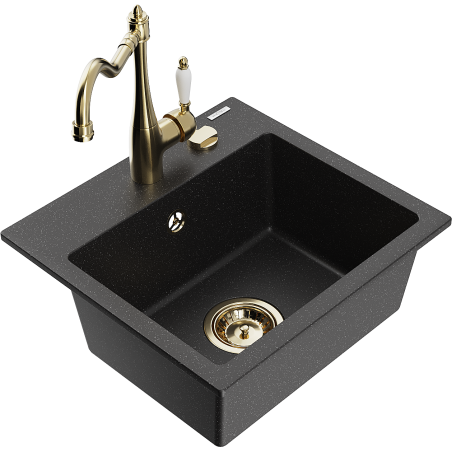 Mexen Milo Granitspüle 1-Becken mit Küchenarmatur Carla, schwarz/silber Metallic - 6505-73-670700-50
