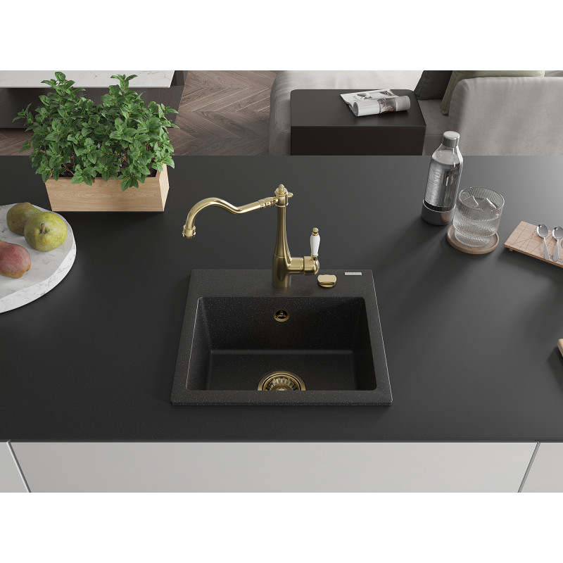 Mexen Milo Granitspüle 1-Becken mit Küchenarmatur Carla, schwarz/silber Metallic - 6505-73-670700-50