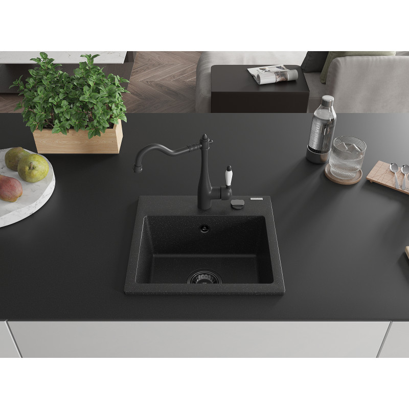 Mexen Milo Granitspüle 1-Becken mit Küchenarmatur Carla, schwarz/silber metallic - 6505-73-670700-70-B