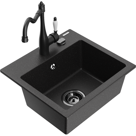 Mexen Milo Granitspüle 1-Becken mit Küchenarmatur Carla, schwarz/silber metallic - 6505-73-670700-70-B
