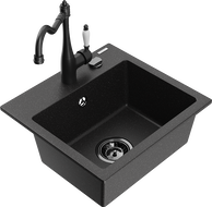 Mexen Milo Granitspüle 1-Becken mit Küchenarmatur Carla, schwarz/silber metallic - 6505-73-670700-70-B