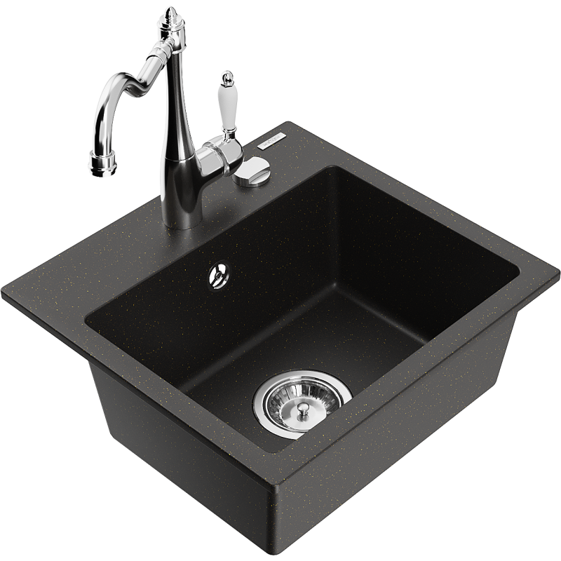 Mexen Milo Granitspüle 1-becken mit Küchenarmatur Carla, Schwarz/Gold Metallic - 6505-75-670700-00