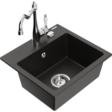 Mexen Milo Granitspüle 1-becken mit Küchenarmatur Carla, Schwarz/Gold Metallic - 6505-75-670700-00