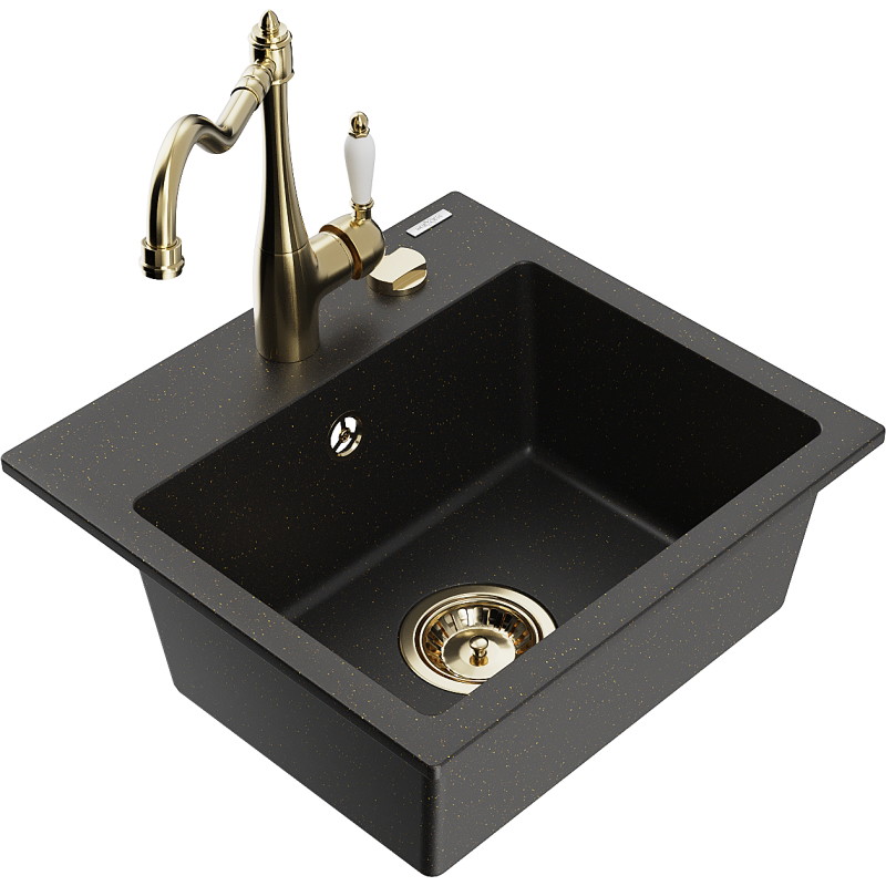 Mexen Milo granitspüle 1-becken mit küchenarmatur Carla, schwarz/gold metallik - 6505-75-670700-50