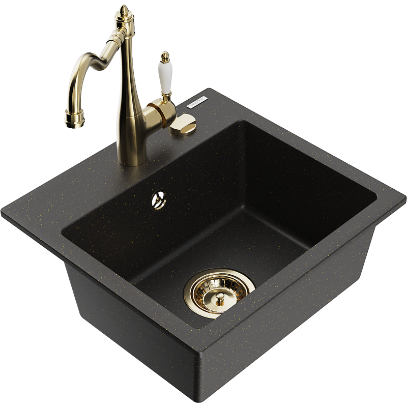 Mexen Milo Granitspüle 1-beckig mit Küchenarmatur Carla, schwarz/gold metallic - 6505-75-670700-50
