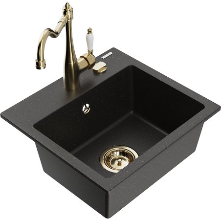 Mexen Milo Granitspüle 1-beckig mit Küchenarmatur Carla, schwarz/gold metallic - 6505-75-670700-50