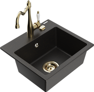 Mexen Milo Granitspüle 1-beckig mit Küchenarmatur Carla, schwarz/gold metallic - 6505-75-670700-50