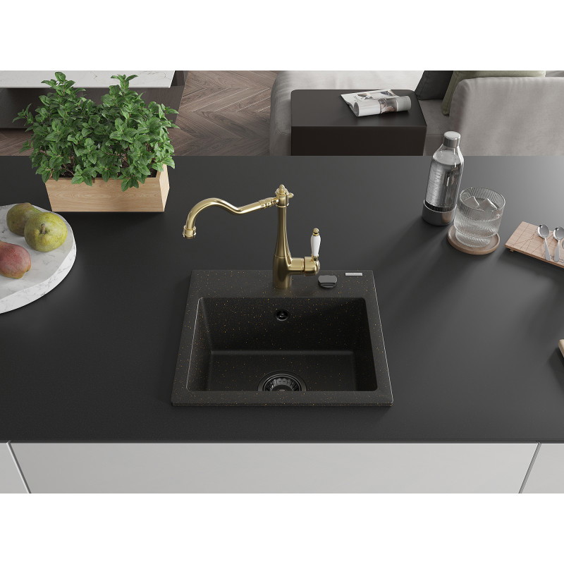 Mexen Milo Granitspüle 1-Becken mit Küchenarmatur Carla, Schwarz/Gold Metallic - 6505-75-670700-50-B