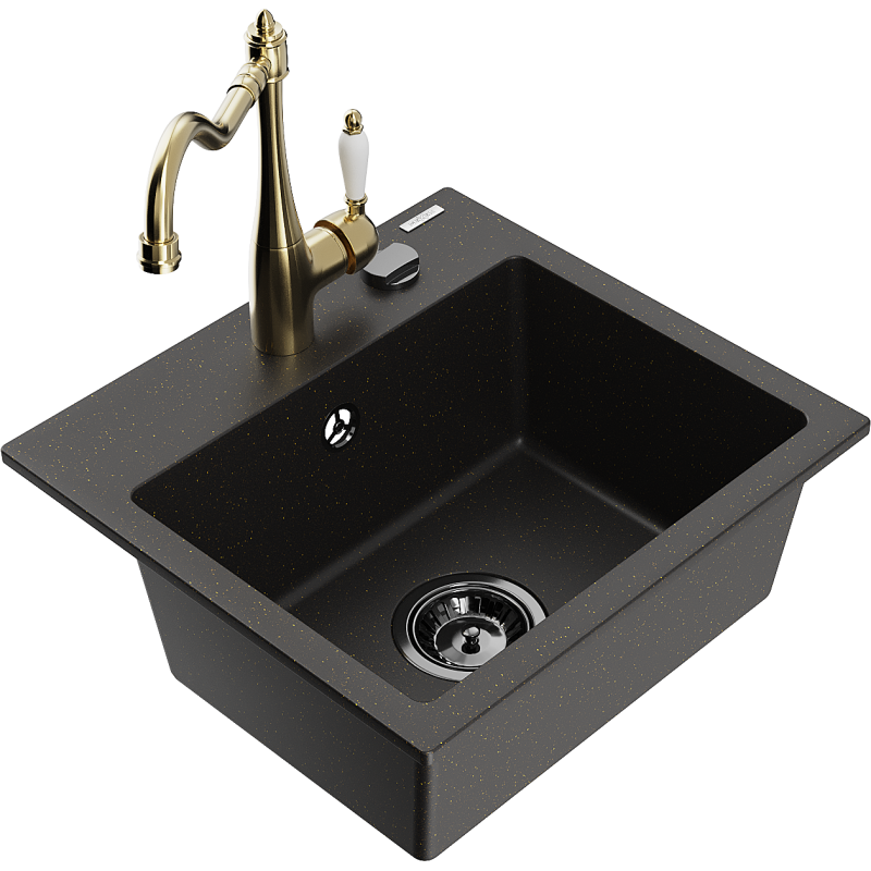 Mexen Milo Granitspüle 1-Becken mit Küchenarmatur Carla, Schwarz/Gold Metallic - 6505-75-670700-50-B