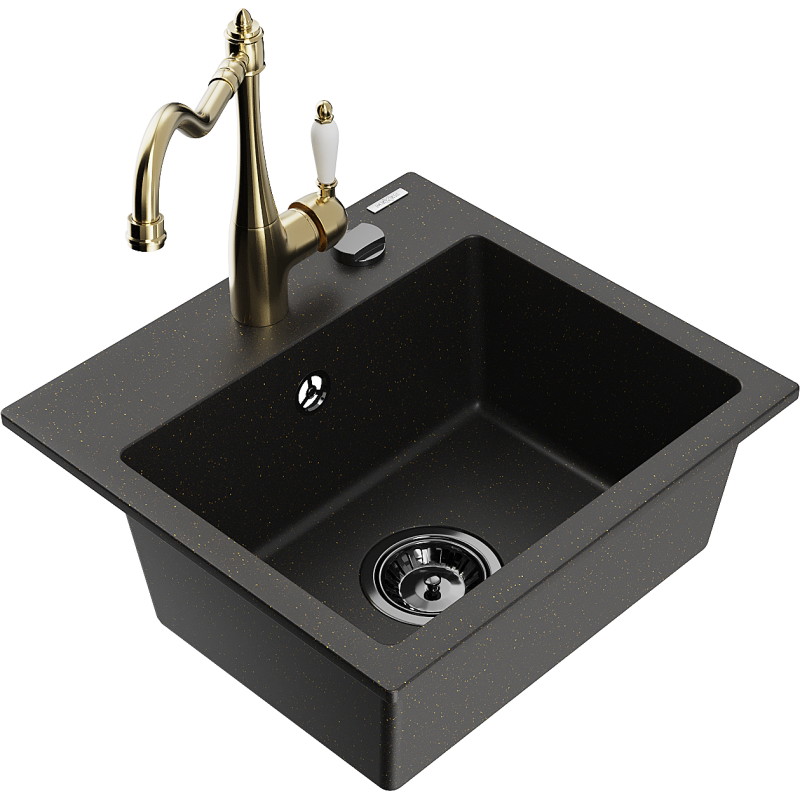 Mexen Milo Granitspüle 1-beckig mit Küchenarmatur Carla, schwarz/goldener Metallic-Look - 6505-75-670700-50-B