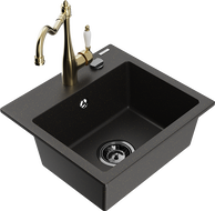 Mexen Milo Granitspüle 1-Becken mit Küchenarmatur Carla, Schwarz/Gold Metallic - 6505-75-670700-50-B