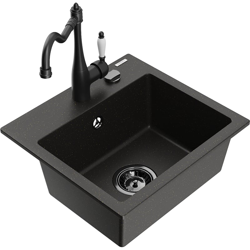 Mexen Milo Granitspüle 1-Kammer mit Küchenarmatur Carla, schwarz/gold metallic - 6505-75-670700-70-B