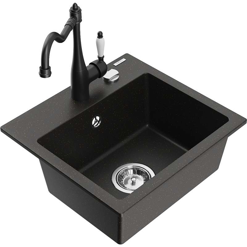 Mexen Milo Granitspüle 1-Becken mit Küchenarmatur Carla, schwarz/gold metallic - 6505-75-670700-70