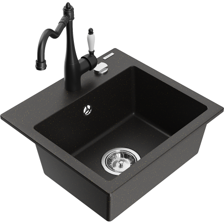 Mexen Milo Granitspüle 1-Becken mit Küchenarmatur Carla, schwarz/gold metallic - 6505-75-670700-70