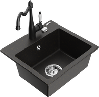 Mexen Milo Granitspüle 1-Becken mit Küchenarmatur Carla, schwarz/gold metallic - 6505-75-670700-70