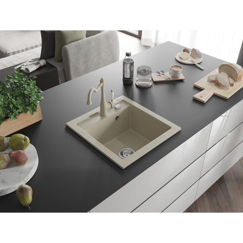 Mexen Vito Granitspüle 1-becken mit Küchenarmatur Carla, beige - 6503-69-670700-69