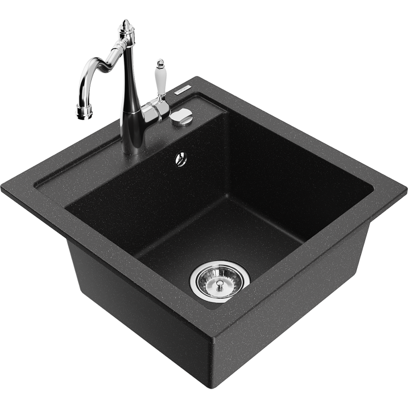 Mexen Vito Granitspüle 1-Becken mit Küchenarmatur Carla, schwarz/silber metallic - 6503-73-670700-00