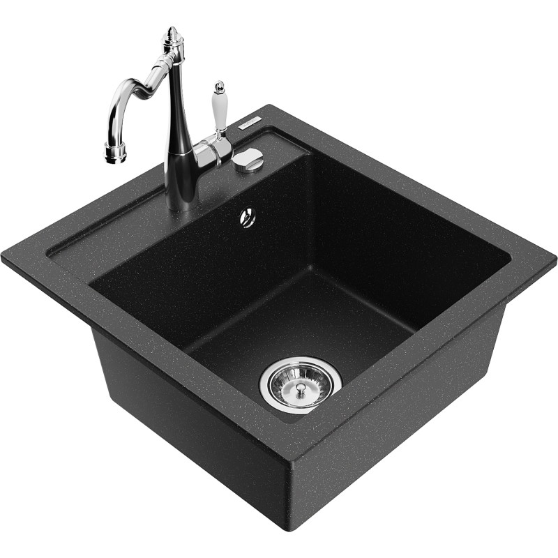 Mexen Vito granitspüle mit 1 Becken und Küchenarmatur Carla, schwarz/silber metallic - 6503-73-670700-00