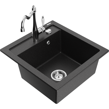 Mexen Vito Granitspüle 1-Becken mit Küchenarmatur Carla, schwarz/silber metallic - 6503-73-670700-00
