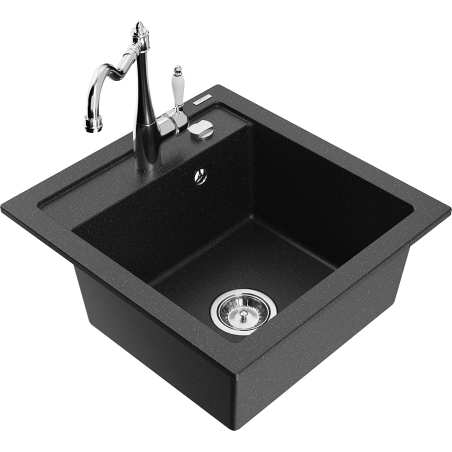 Mexen Vito granitspüle mit 1 Becken und Küchenarmatur Carla, schwarz/silber metallic - 6503-73-670700-00