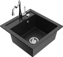 Mexen Vito Granitspüle 1-Becken mit Küchenarmatur Carla, schwarz/silber metallic - 6503-73-670700-00