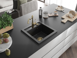 Mexen Vito Granitspüle 1-Becken mit Küchenarmatur Carla, schwarz/silber metallic - 6503-73-670700-50