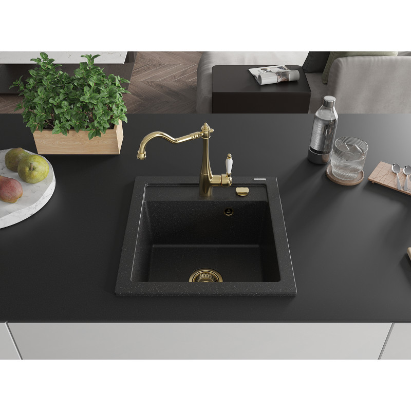 Mexen Vito Granitspüle 1-Becken mit Küchenarmatur Carla, schwarz/silber metallic - 6503-73-670700-50