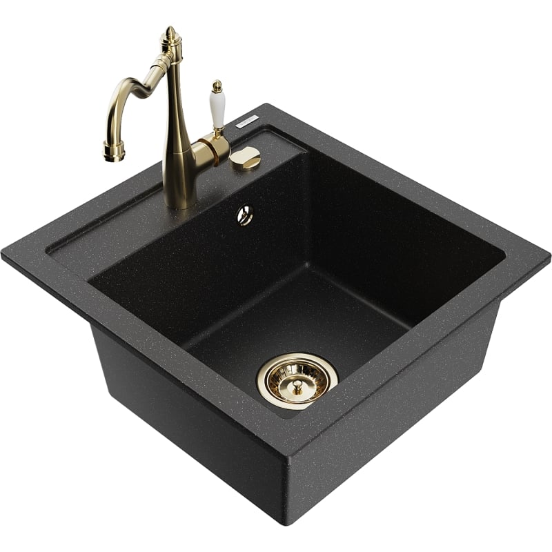 Mexen Vito Granitspüle 1-Becken mit Küchenarmatur Carla, schwarz/silber Metallik - 6503-73-670700-50